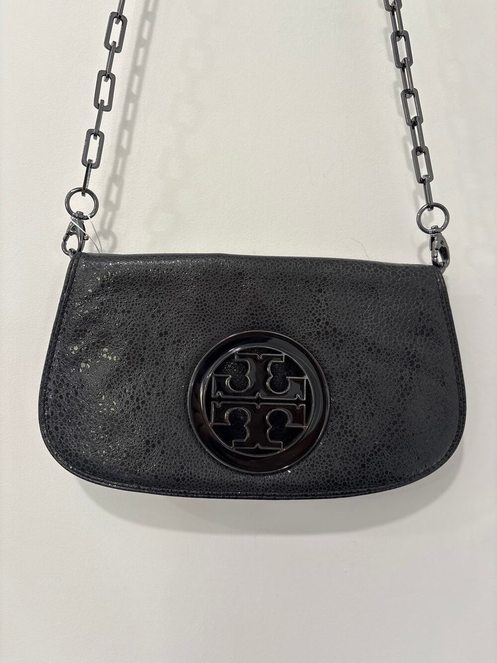 Tory Burch Reva Leather Clutch Crossbody Purse Chain Link Strap Black
